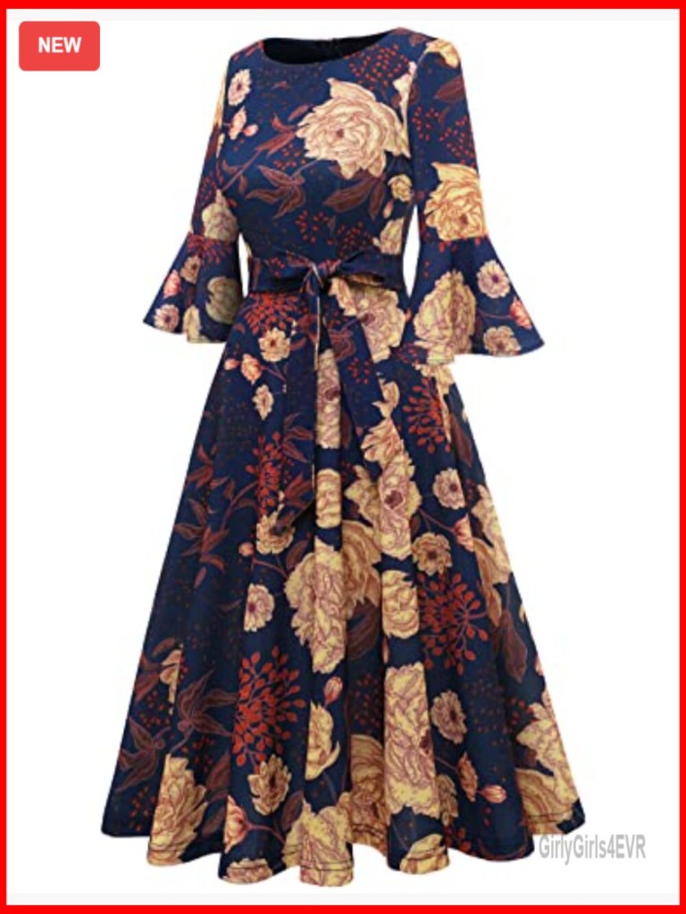 Velvet Bell Sleeve Midi Dress for Wedding Guest Church Holiday - Picture 3 of 6